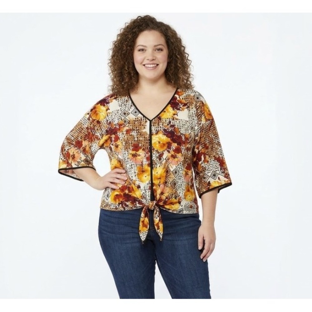 New Chenault Brown Orange Floral Stretch Knit Tie Front Feminine Blouse Large